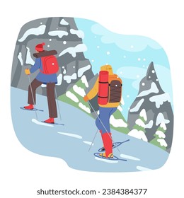 Adventurous Characters Embrace The Chill, Donning Warm Gear To Hike Snowy Mountains. Amidst Snowflakes And Serene Vistas, They Conquer The Winter Wilderness. Cartoon People Vector Illustration