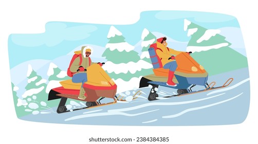 Adventurous Characters Embracing The Winter Wonderland, Zooming Through The Snowy Trails On Snowmobiles, Surrounded By Serene Beauty Of The Snow-covered Landscape. Cartoon People Vector Illustration