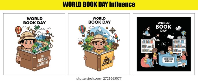 Niño aventurero leyendo un libro sobre la gran aventura para el Vector del Día Mundial del Libro