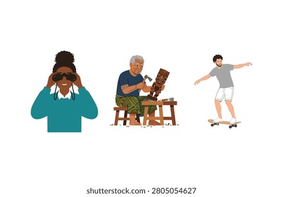 An adventurous and creative lifestyle vector set depicting a woman birdwatching with binoculars, a senior man woodcarving, and a young man skateboarding outdoors.