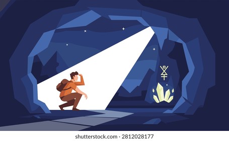 Adventurous explorer exploring a deep dark cave with a flashlight finding glowing green crystals and ancient wall symbols.
