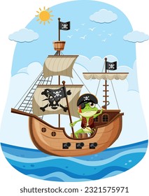 Rana aventurera en ilustración de barco pirata