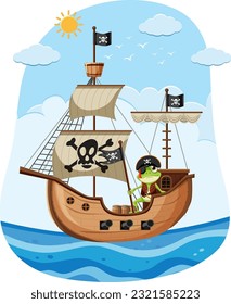 Rana aventurera en ilustración de barco pirata