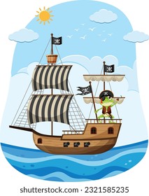 Rana aventurera en ilustración de barco pirata