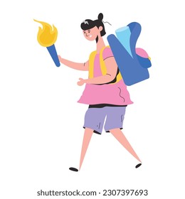 Niña aventurera con mochila y antorcha de fuego, ilustración plana 