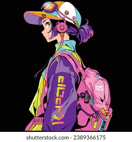 The adventurous girl poses sideways in her street-style hip hop style clothes, reflecting her style with her backpack, hat and headphones