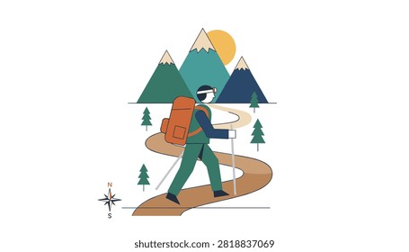 Adventurous hiker with a big backpack walking along a winding path towards beautiful forest and high mountains.