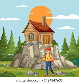 Adventurous hiker near a wooden cabin in wilderness