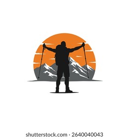 Adventurous hiker silhouette mountain sunset landscape.