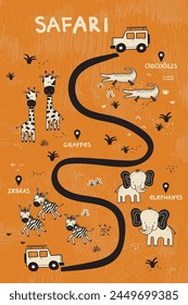 An adventurous journey through the African savanna with lively cartoon-style map. Drawn in vector it invites to a thrilling safari tour with endearing animals. Perfect for young explorers.