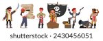 Adventurous Kid Pirates, Dressed In Colorful Costumes, Armed With Toy Swords, And Sporting Eye Patches, They Embark On Imaginative Quests For Treasure In Backyards And Playgrounds. Vector Illustration