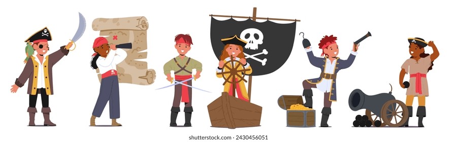 Adventurous Kid Pirates, Dressed In Colorful Costumes, Armed With Toy Swords, And Sporting Eye Patches, They Embark On Imaginative Quests For Treasure In Backyards And Playgrounds. Vector Illustration