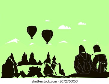 Amantes aventureros observando Capadocia , antiguas rocas históricas y globos voladores. las parejas aventureras exploran los bosques y las culturas antiguas. viajes por la naturaleza y camping