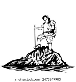 adventurous man enjoying fresh air black and white line art vector illustration