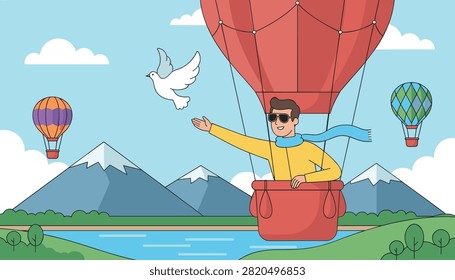 Adventurous man flying in hot air balloon over snowy mountains releasing white dove of peace under blue cloudy sky.