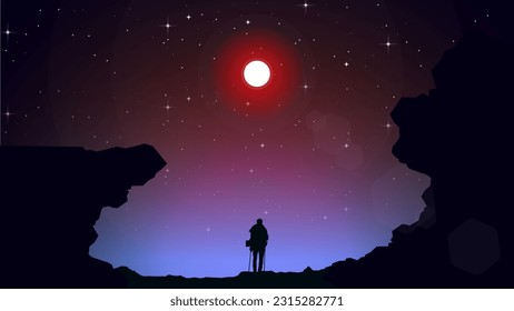 Adventurous man hiker. A Man hiking in the mountains with backpack. Purple night sky HD wallpaper. starry night sky. Traveler with walking sticks. hiking silhouette vector.