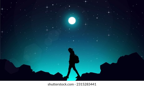 Adventurous man hiker. A Man hiking in the mountains with backpack. blue night sky HD wallpaper. hiking silhouette vector. starry night sky.