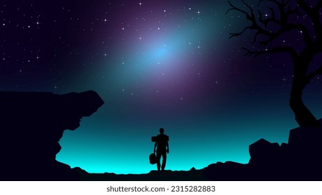 Adventurous man hiker. Purple night sky HD wallpaper. A Man hiking in the mountains with backpack. starry night sky. Traveler with walking sticks. hiking silhouette vector.