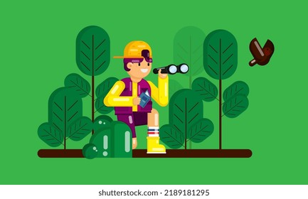 adventurous man watching birds caroon