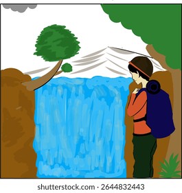 An adventurous man wearing a large backpack stands in front of a blue waterfall among tree-covered cliffs with a mountain view i