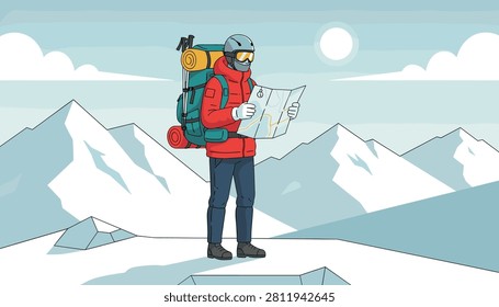 Adventurous mountain climber wearing a red jacket, goggles, and backpack, holding a map amidst high snowy mountain peaks.