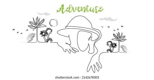 An adventurous person wants to enter the tropical forest and discover new things panorama drawing poster background design. one big human design among tropical trees
