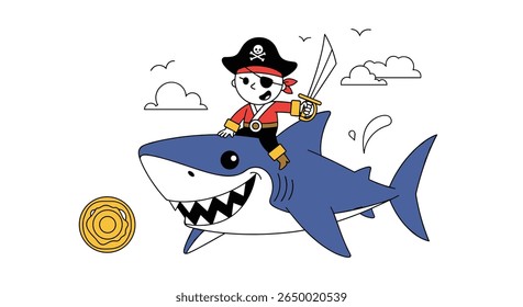 Adventurous pirate boy riding a fierce shark with a sword and treasure ball