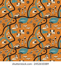 Adventurous safari through the African savanna with captivating seamless pattern map. Cartoon depiction of majestic wildlife roaming across winding trails. Adds an adventurous touch to any project.