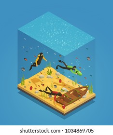 Adventurous scuba divers exploring sunken ship with underwater scooter equipment uncovering treasures isometric composition vector illustration 