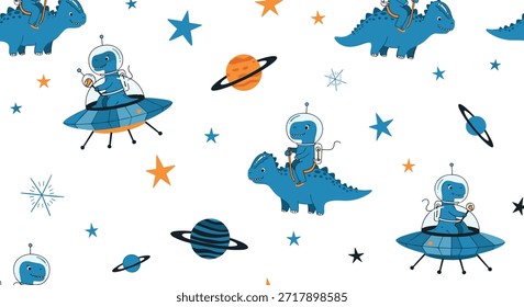 Patrón sin fisuras aventurero con dinosaurios astronautas montando naves espaciales y otros dinosaurios entre estrellas y planetas en el espacio profundo.