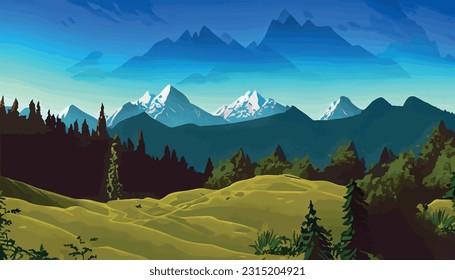 Adventurous summer Cartoon background portraying a majestic mountain range against a backdrop ,summer, mountains, terrain, outdoors, rural, trees, peak, art, valley, scenery, banner, scenic, garden .