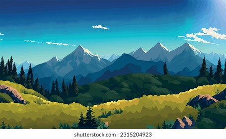 Adventurous summer Cartoon background portraying a majestic mountain range against a backdrop ,summer, mountains, terrain, outdoors, rural, trees, peak, art, valley, scenery, banner, scenic, garden .