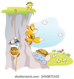 Celebración del Día de Verano Aventurero: Animales de dibujos animados lindos de Kawaii - Zorro, pollo, gato, elefante participando en escalada en roca - Ilustración vectorial aislada sobre fondo blanco