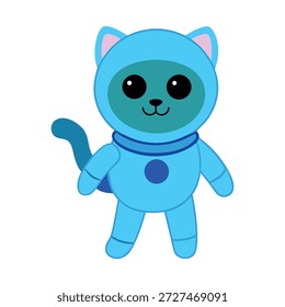 Aventurero astronauta gato tridimensional flotando felizmente a través del espacio sobre fondo blanco