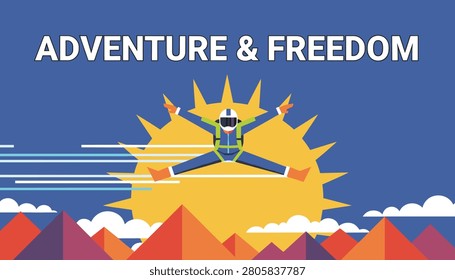 Adventurous wingsuit skydiver soaring high in the blue sky above mountains with a giant yellow sun in the background.