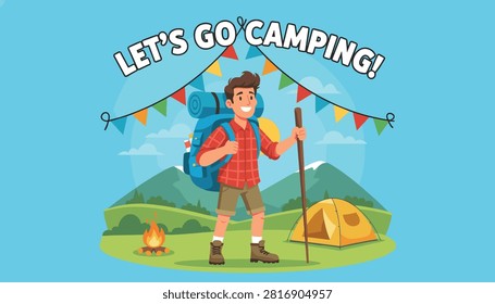 Adventurous young man with a huge blue backpack hiking in the mountains near his tent with a cozy bonfire nearby.