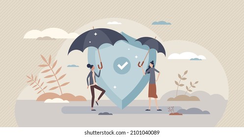 Adverse selection in insurance as different risk coverage tiny person concept. Financial protection policy with uneven support or unfair safety assistance vector illustration. Various umbrella sizes.