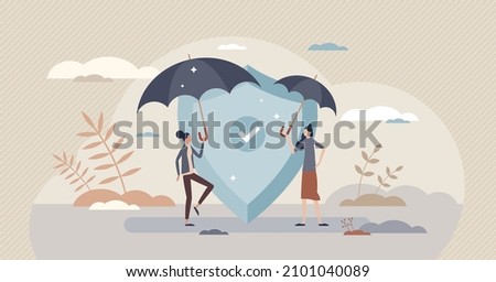 Adverse selection in insurance as different risk coverage tiny person concept. Financial protection policy with uneven support or unfair safety assistance vector illustration. Various umbrella sizes.