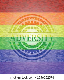 Adversity emblem on mosaic background with the colors of the LGBT flag