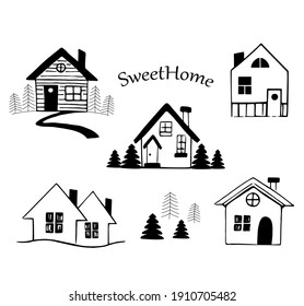 Adversting set design cute sweet home. Simple hand drawn house and tree elements on white background.