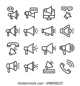 Advert, Announcement, Bullhorn, Call To Action, Megaphone Vector Icons Set 