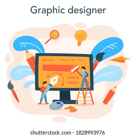 Advert designer or illustrator concept. Artist creating modern advertisment. Digital or classic drawing. Creativity concept. Flat illustration vector