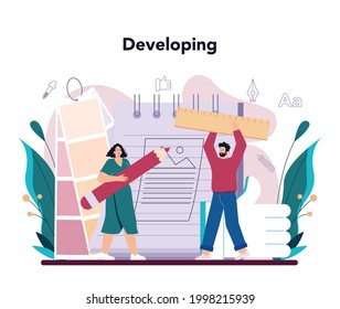 Advert designer or illustrator concept. Artist creating modern advertisment. Digital banner development. Creativity concept. Flat illustration vector