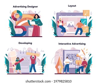 Advert designer or illustrator concept set. Artist creating modern advertisment. Digital banner development. Creativity concept. Flat illustration vector