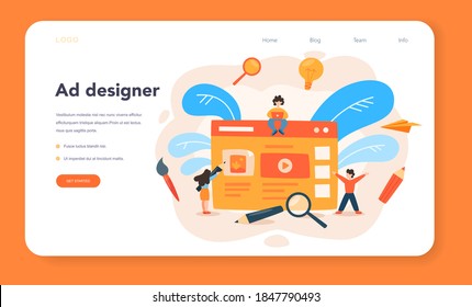 Advert designer or illustrator web banner or landing page. Artist creating modern advertisment. Digital or classic drawing. Creativity concept. Flat illustration vector