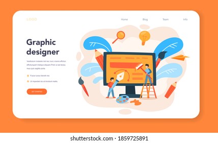 Advert designer or illustrator web banner or landing page. Artist creating modern advertisment. Digital or classic drawing. Creativity concept. Flat illustration vector