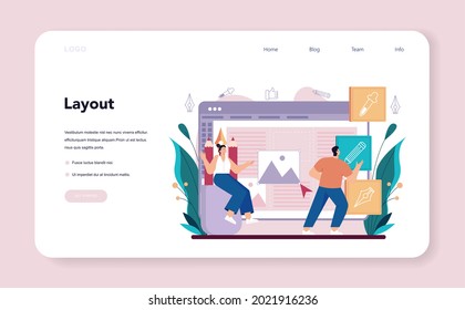 Anuncio de diseñador o página de inicio de la web de ilustrador o ilustrador. Artista creando publicidad moderna. Desarrollo de banners digitales. Concepto de creatividad. vector de ilustración plana