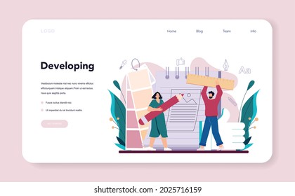 Advert designer or illustrator web banner or landing page. Artist creating modern advertisment. Digital banner development. Creativity concept. Flat illustration vector