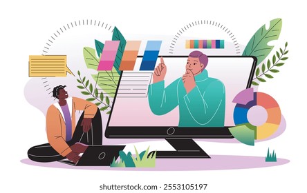 Advert designer online. Graphic designers develop graphic elements for website. UI and UX design for webpage. Freelancers working on common project. Flat vector illustration