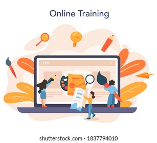 Advert designer online service or platform. Artist creating modern advertisment. Digital or classic drawing. Online training. Flat illustration vector
